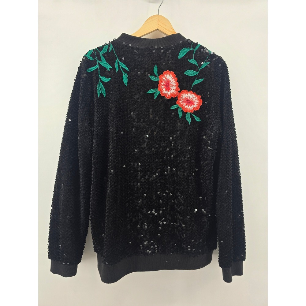 Gianni Bini Sequin Sweatshirt Womens Large Black Floral Embroidered Glam Bomber‎